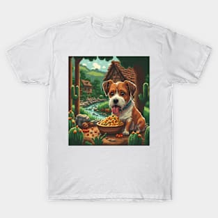 pixel art dog eating spaghetti in beautiful scene T-Shirt